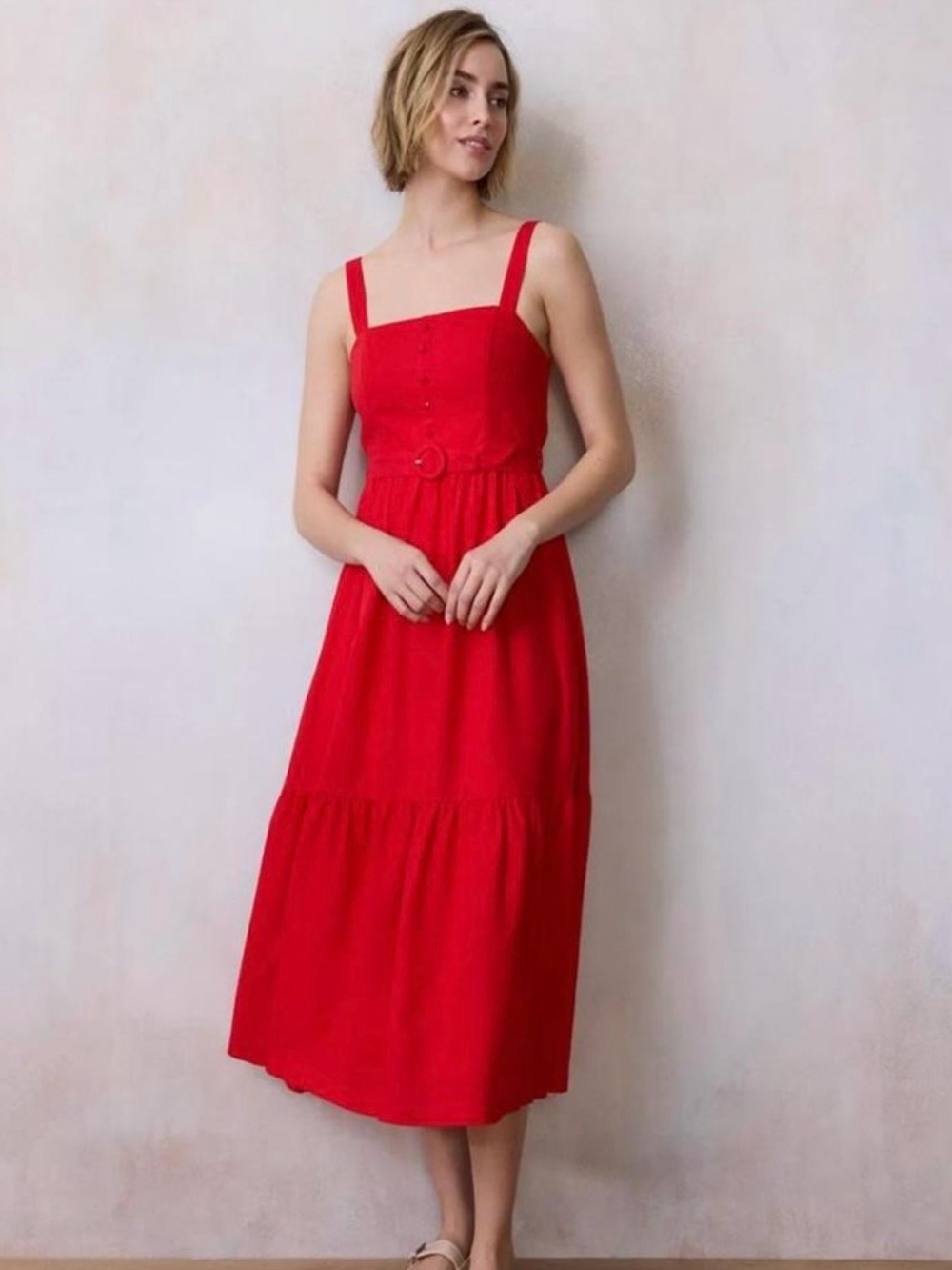 LC Lauren Conrad Tiered Midi Picnic Dress Belt Red Medium
